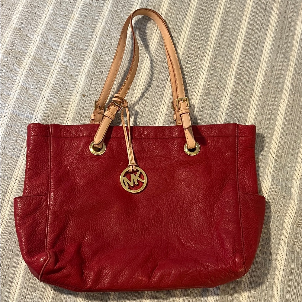 Michael Kors Red and Tan Leather Tote